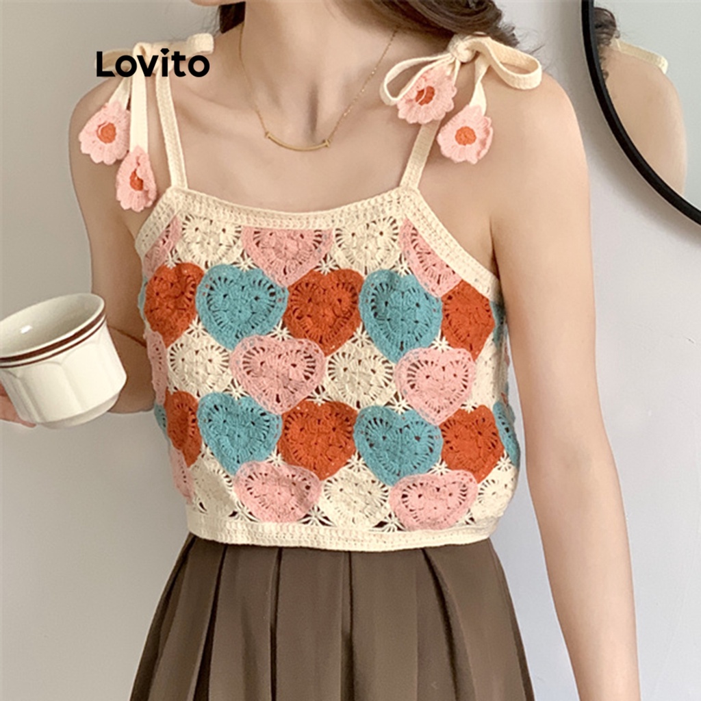 Lovito Áo dệt kim phối ren Colorblock hình trái tim giản dị cho nữ LNE15072 (Hồng xanh)