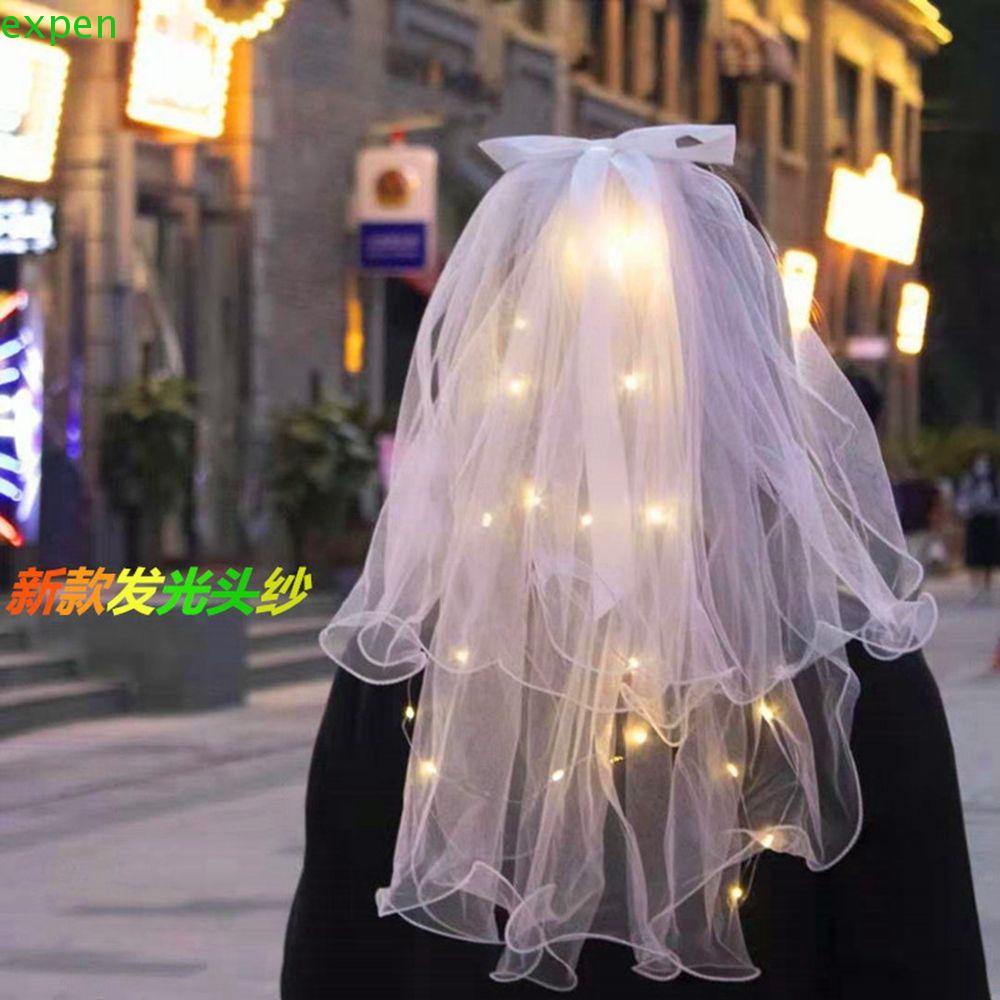 EXPEN Mạng Che Mặt Đính Nơ Có Đèn LED Thời Trang Hàn Quốc Cho Cô Dâu