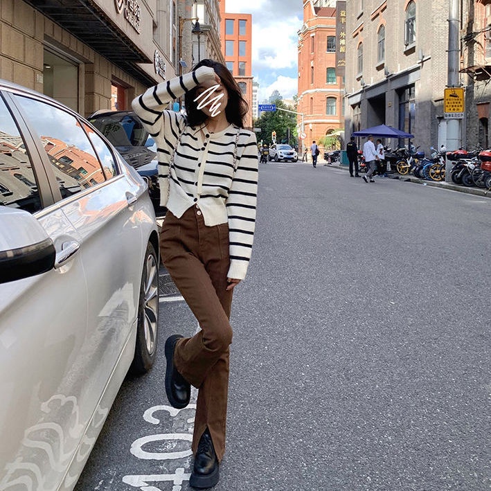 Áo Khoác Cardigan Dệt Kim Tay Dài Kẻ Sọc Màu Xanh Lá Phong Cách Retro Mới Cho Nữ