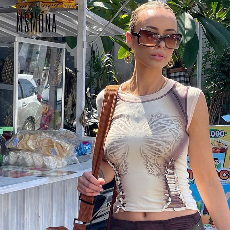 Áo Sát Nách Cổ Tròn Hoạ Tiết Bướm Phong Cách Retro