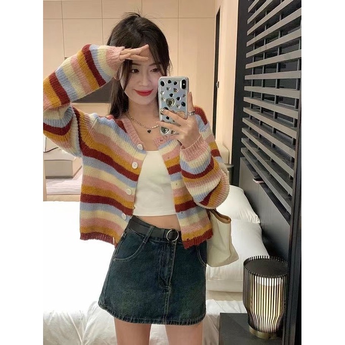 Áo Khoác Cardigan Dệt Kim Dáng Rộng Họa Tiết Kẻ Sọc Màu Cầu Vồng Phong Cách Phương Tây Thời Trang Cho Nữ