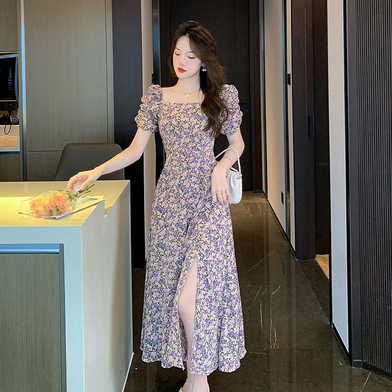 Đầm Voan Hoa Cổ Vuông Tay Phồng Xẻ Tà Cao Cấp Thời Trang Mùa Hè Dành Cho Nữ