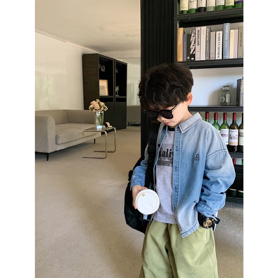 Áo sơ mi nam nhật bản và hàn quốc denim gradient áo sơ mi mùa thu cho bé trai trung và lớn