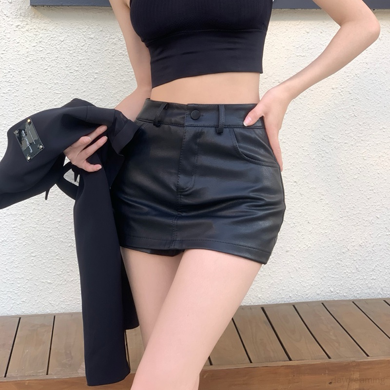 Chân Váy Ngắn Da Pu Lưng Cao Phong Cách Retro Quyến Rũ Cho Nữ