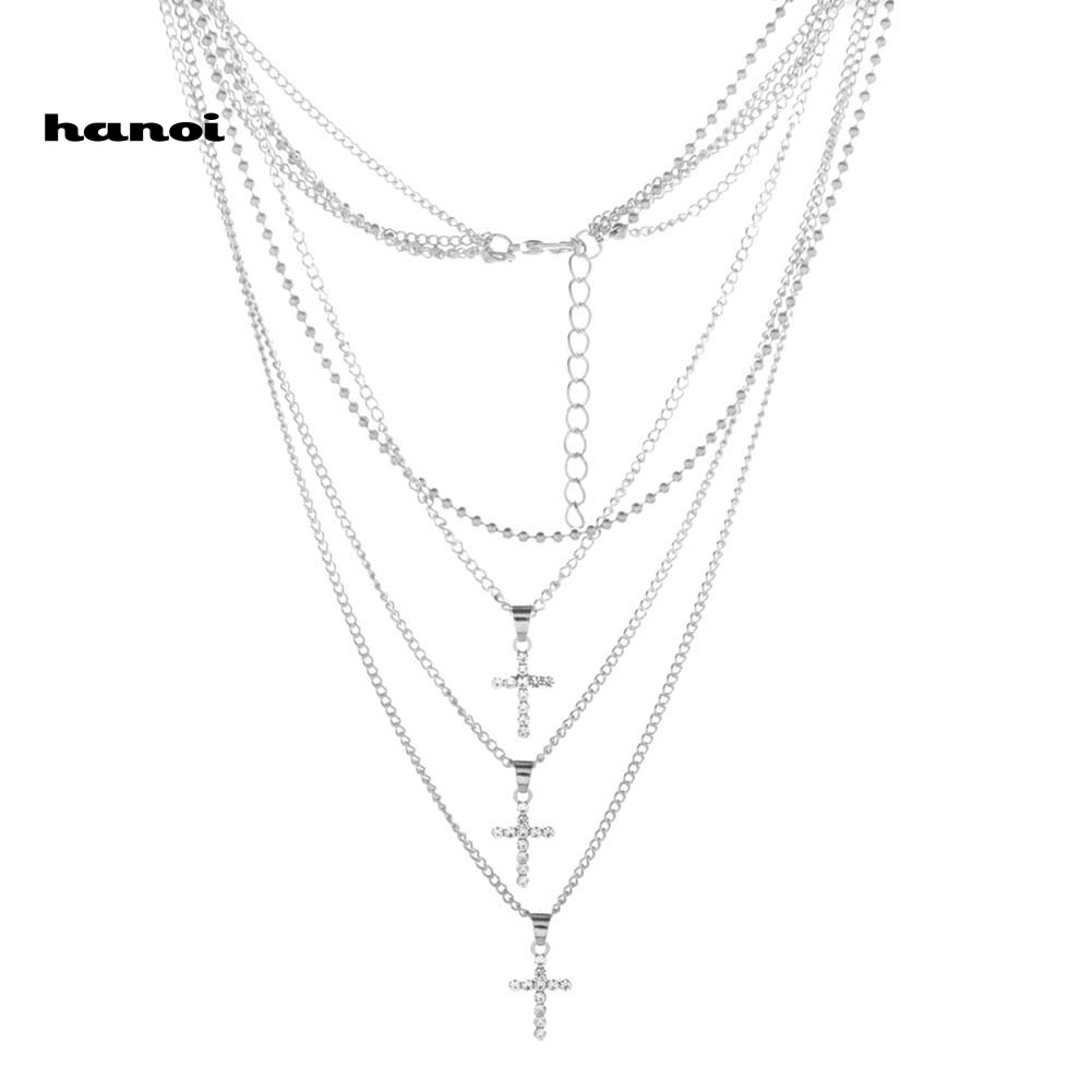 Vòng cổ Đa LớP MặT Chữ ThậP ĐíNh Kim Cương Giả ThờI Trang Cho Nữ