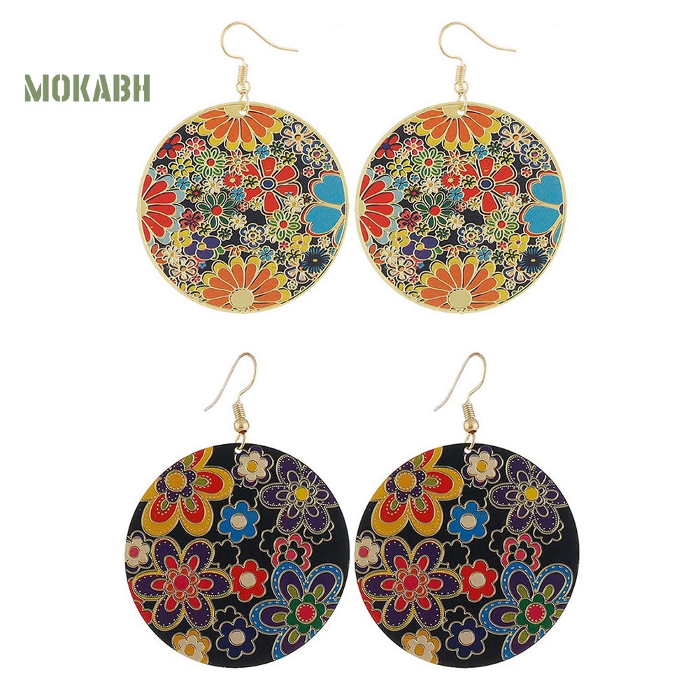 Bông Tai Dáng Dài Hình Tròn Họa Tiết Hoa Nhiều Màu Kiểu Vintage Cho Nữ