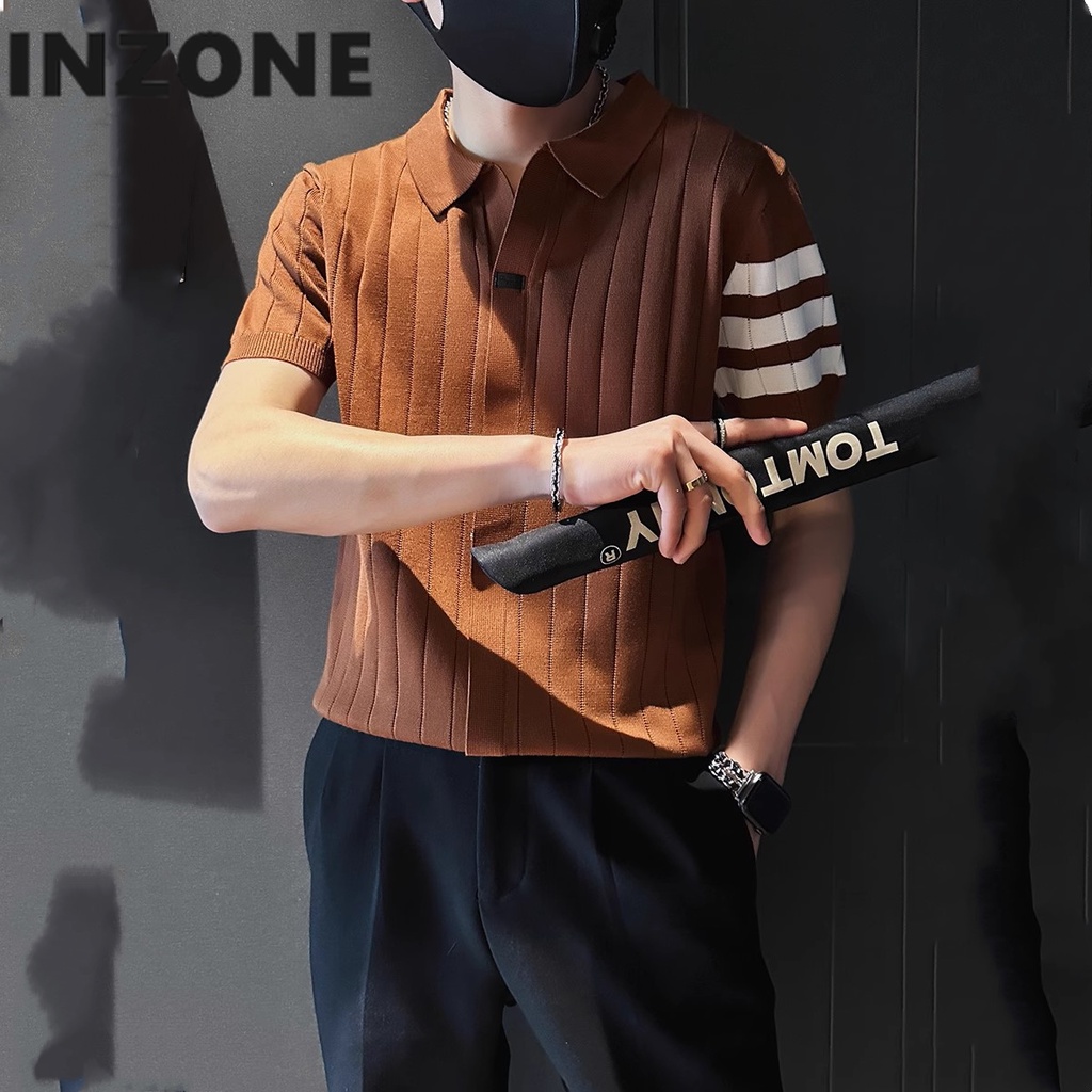 Áo Thun Polo Dệt Kim Tay Ngắn Dáng Ôm Họa Tiết Kẻ Sọc Phong Cách Hàn Quốc Thời Trang Cho Nam