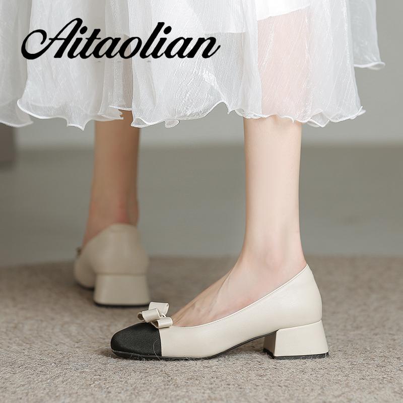 Giày Cao Gót 4cm Da Mềm Mũi Vuông Phong Cách Anh Quốc