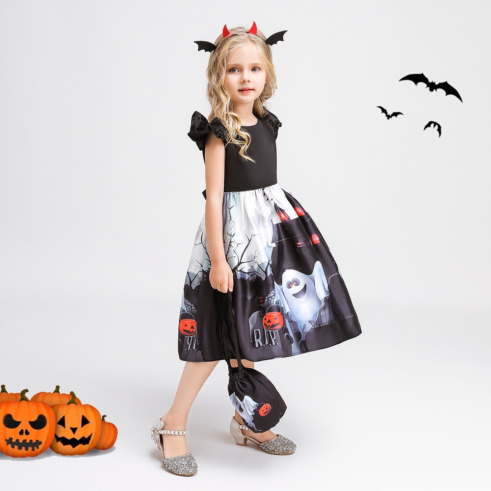 Đầm Hóa Trang Halloween Phối Lưới Phù Thủy Cho Bé Gái Mẫu Mới 2023 3-10 Tuổi