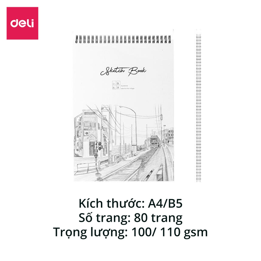 [HỌA CỤ DELI] Sổ phác thảo 100gsm 80 trang lò xo kép nhiều kích cỡ Deli sketchnote vẽ phác họa -1 quyển