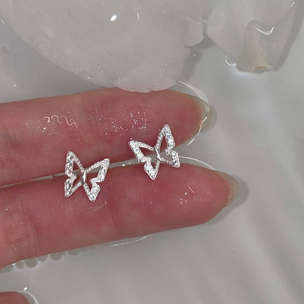 Bông Tai Mạ Bạc 925 Hình Bươm Bướm Đính Đá Zircon Thời Trang
