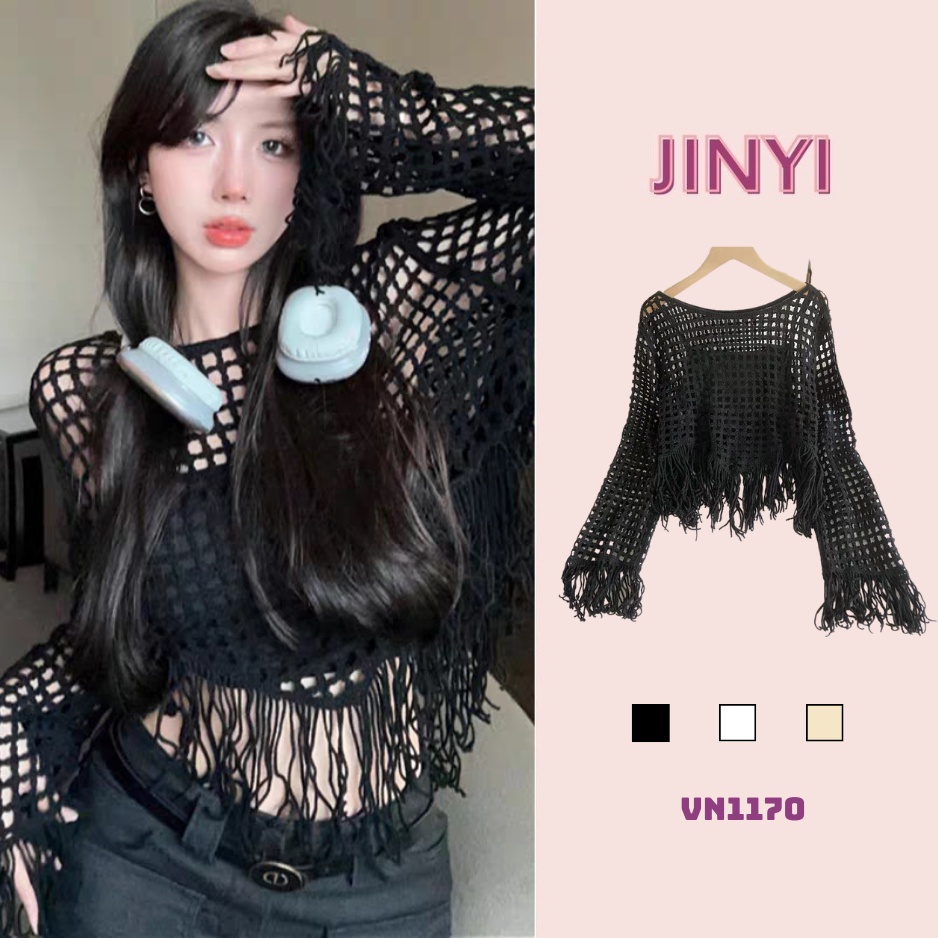VN1170 Áo lưới đan móc vạt yếm cổ tròn tua rua đi biển siêu xinh
