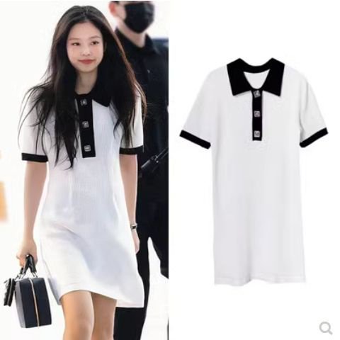 Jennie Kim Ji-Ni Đầm Dệt Kim Mỏng Vừa Vặn Màu Trắng Đen Tương Phản Phong Cách Preppy