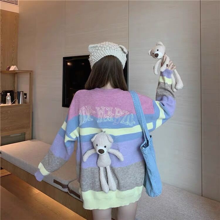 Áo Sweater Dáng Rộng In Hình Gấu Nhỏ Dễ Thương Phong Cách Hàn Quốc Thời Trang Thu Đông Cho Bạn Gái