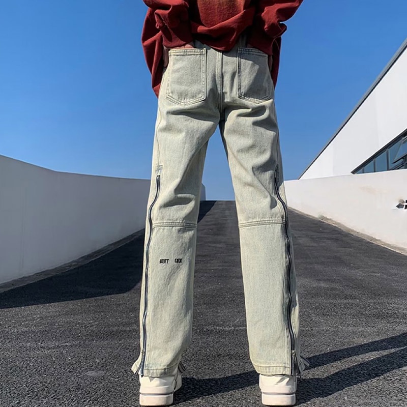 Yazhiniao Quần Jean Ống Suông Phối Khóa Kéo Bên Hông Phong Cách retro Mỹ Cho Nam