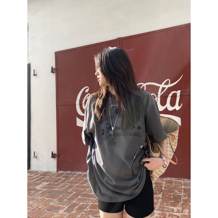 Áo Thun Cotton Tay Ngắn Dáng Rộng Cỡ Lớn Màu Xám Đậm Phong Cách Retro Mỹ Thời Trang Cho Nữ