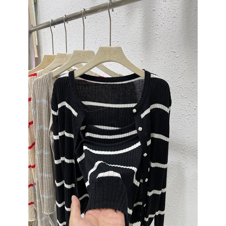 Brand cut label remove Cabinet spring clothes lazy style retro striped knitted cardigan women's design sense sling two-piece coat MC clothing XYXV