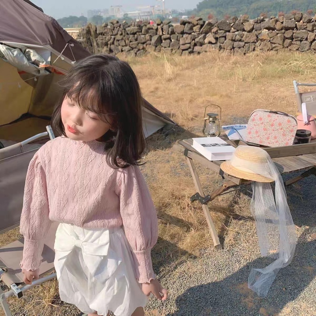 Áo Dệt Kim Tay Phồng Phối Ren Phong Cách Hàn Quốc Thời Trang Mùa Thu Mới 2023 Cho Bé Gái 80-150CM