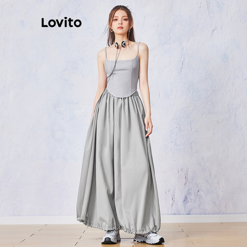Bộ chân váy LOVITO viền kiểu cách trước dài sau ngắn màu trơn thường ngày cho nữ L55AD073