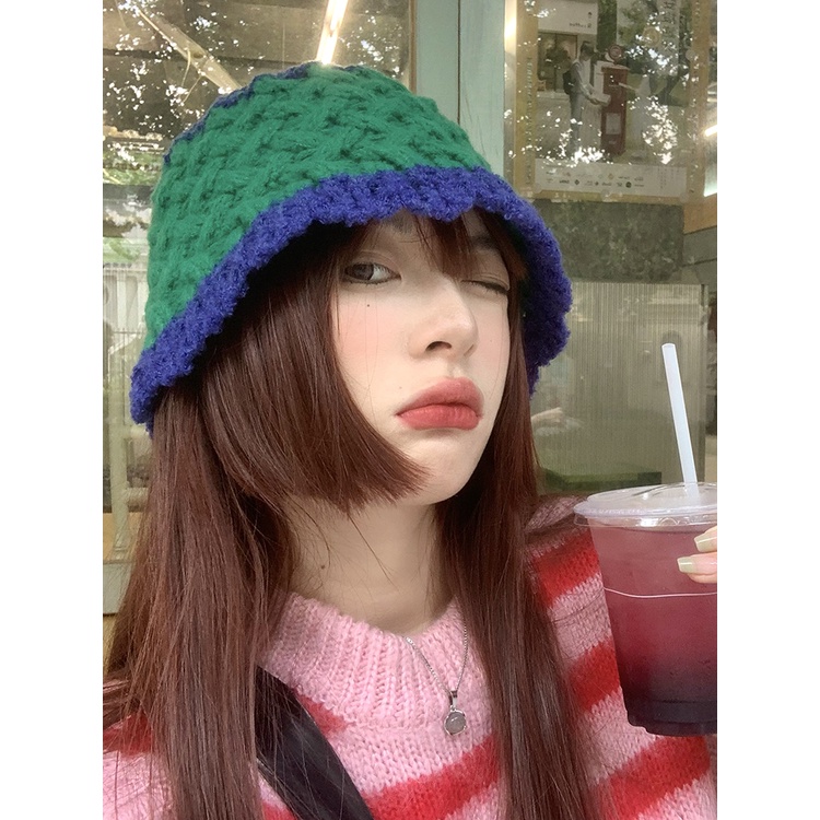 Mũ Bucket Dệt Kim Màu Sắc Tương Phản Phong Cách Hàn Quốc Thời Trang Thu Đông Cho Nữ