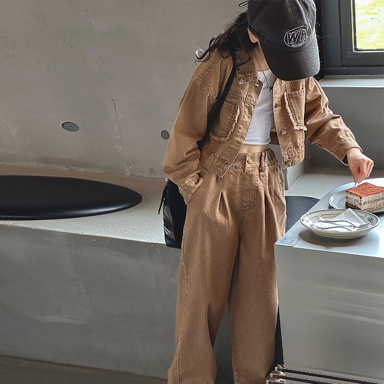 Set Áo Khoác denim Màu Hồng + Quần Dài Thời Trang Mùa Thu Cho Bé Gái