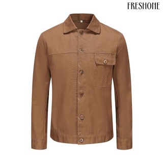 [fo] Nam fall jacket turn-down collar single-breasted buttons pocket solid color long sleeves soft streetwear men vintage coat