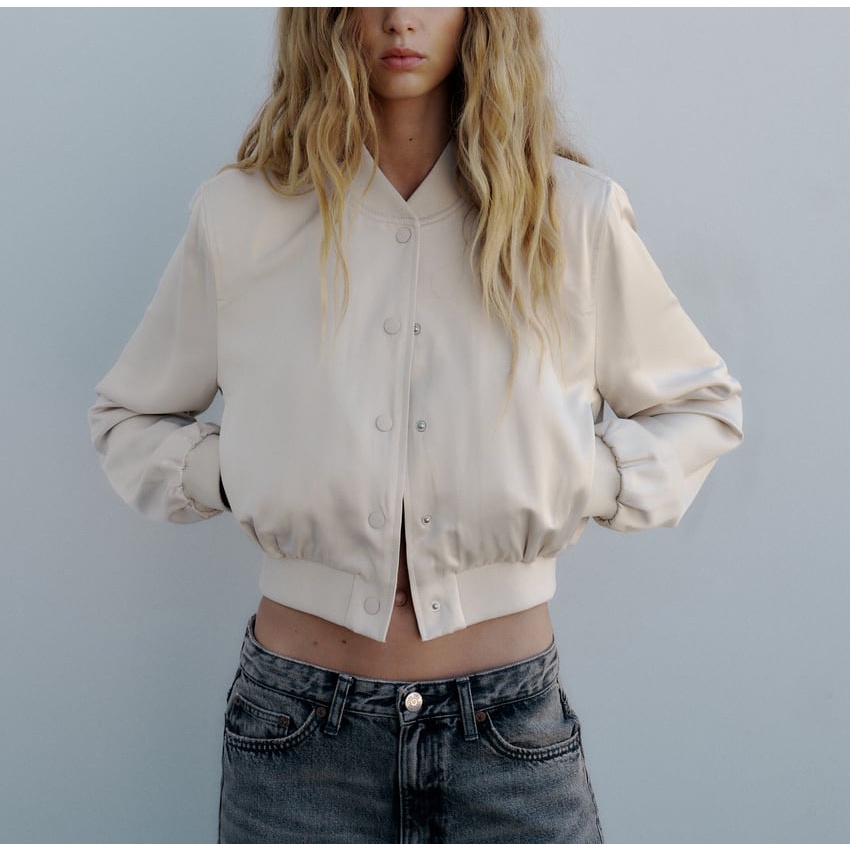 Zara autumn new stand neck silk satin textured short pilot jacket coat 4432771