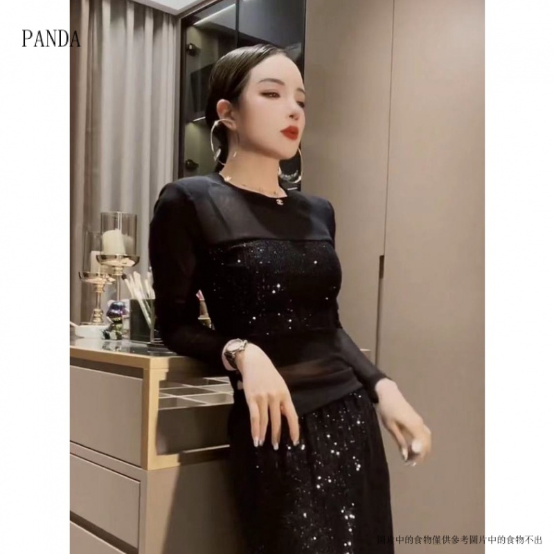PANDA7.31Hàng Châu Âu Thời Trang Mùa Hè Áo Thun Tay Dài Cổ Tròn Mỏng Nhẹ Đính Kim Sa Phong Cách Mới Cho Nữ set đồ nữ áo phông áo sơ mi thời trang
