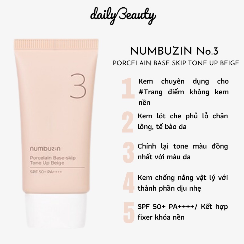 Kem chống nắng nâng tone Numbuzin No.3 Porcelain Base-Skip 50g Daily Beauty