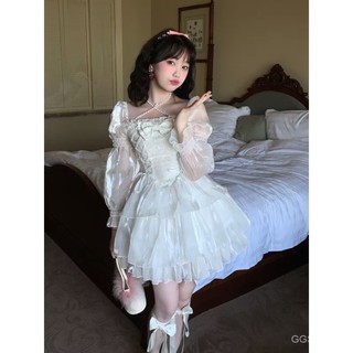 Đầm Công Chúa Cổ Vuông Phối Lưới Đính Nơ Phong Cách Lolita