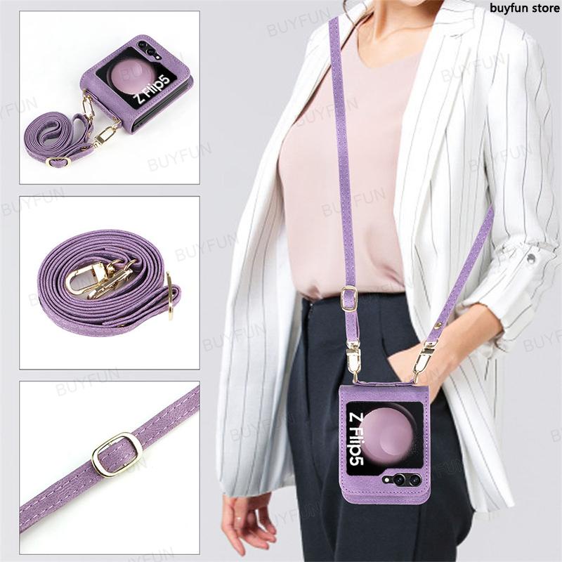 Shockproof Card Slot Leather Case for Samsung Galaxy Z Flip 5 5G zflip5 Anti-Scratch Protective Phone Cover with Lanyard