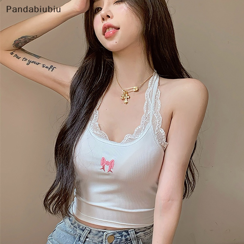 Áo ba lỗ dây ren hấp dẫn mùa hè Áo yếm mỏng không tay thêu nơ nữ