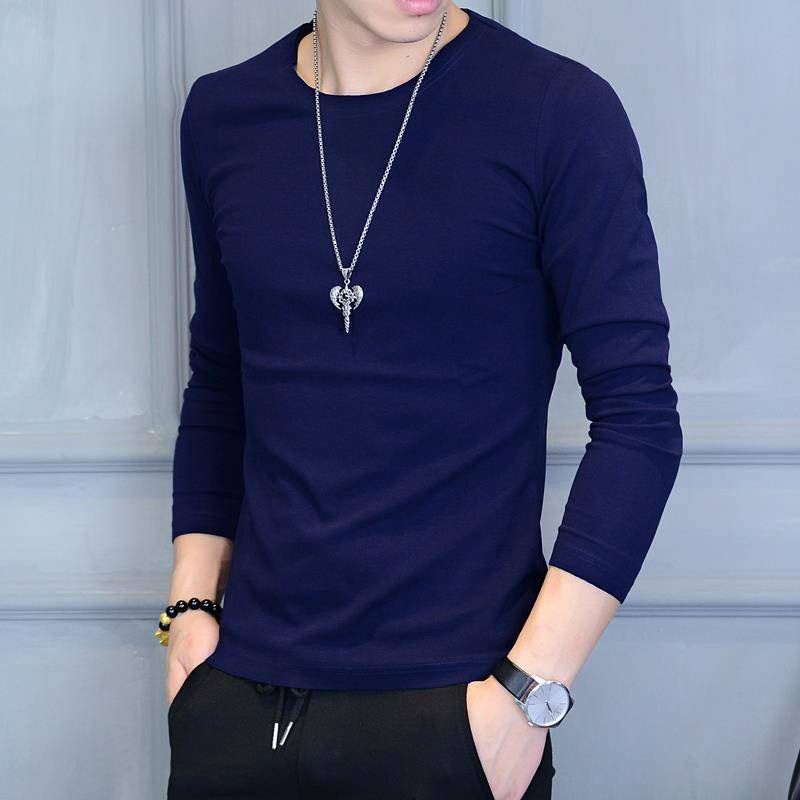 Áo t-shirt nam cổ tròn mùa xuân và mùa thu mỏng màu rắn đơn giản băng lụa dài tay áo