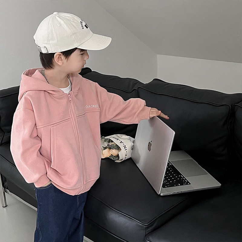 Trẻ em nhật bản và hàn quốc có mũ trùm đầu áo khoác cotton thêu chữ màu rắn