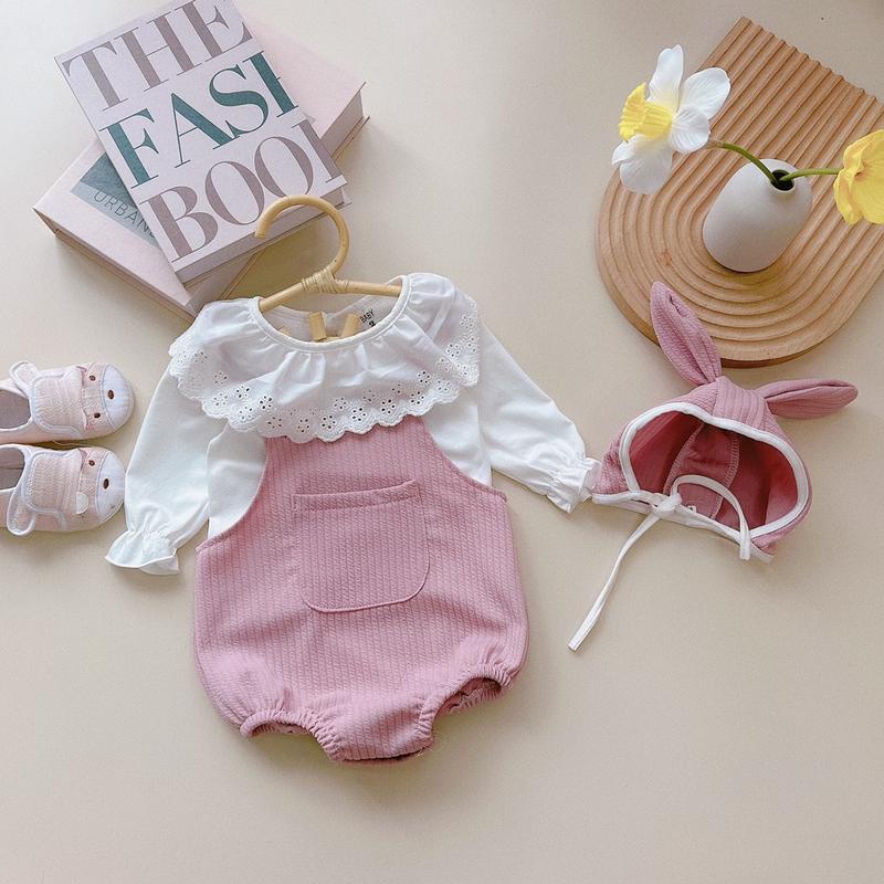 Body yếm xốp Gân áo cotton bèo cổ cho bé gái sơ sinh mặc thu đông