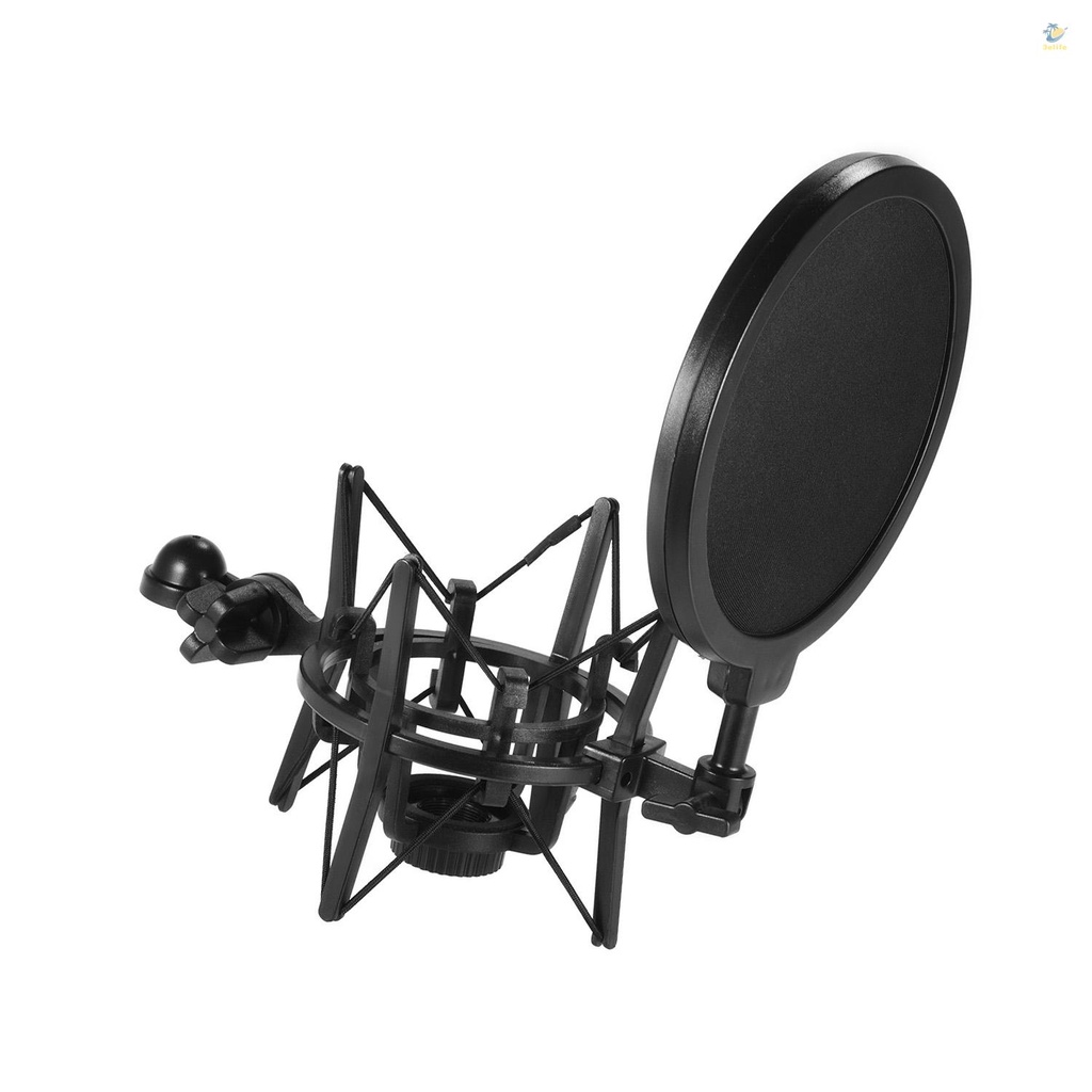 3elife univerdal plastic condenser microphone mic shock mount holder bracket anti-vibration with pop filter for on-line broadcasting studio music recording