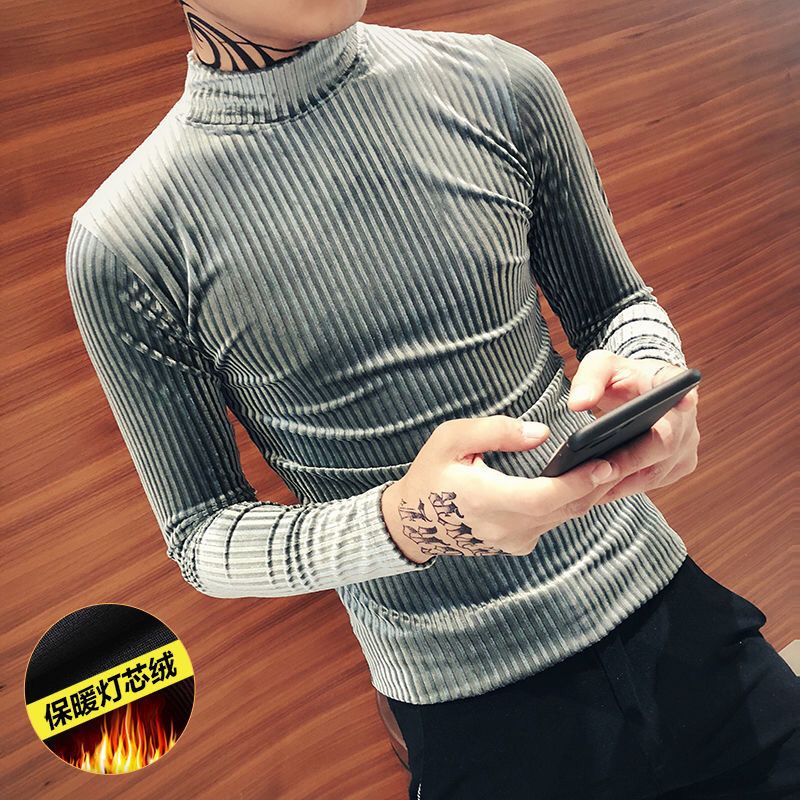 Áo Thun Tay Dài Cổ Lọ Vải Nhung Mỏng Màu Sắc Trơn Phong Cách Hồng Kông Cá Tính Cho Nam