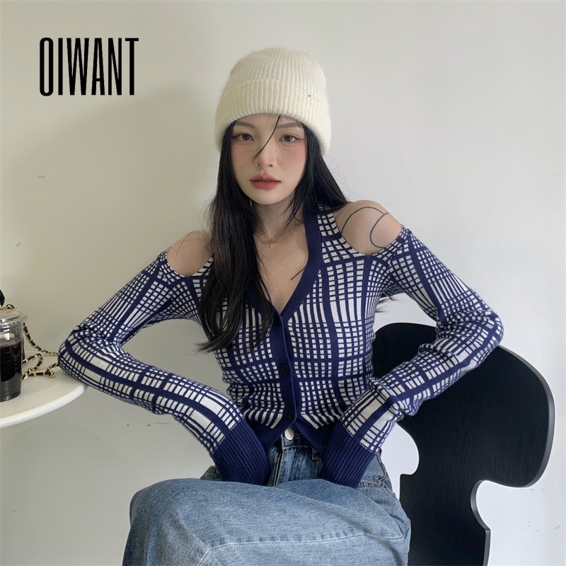 Oiwant women 2023 blue plaid v cổ trễ vai dài tay áo mỏng dây ngắn dệt kim trên cùng