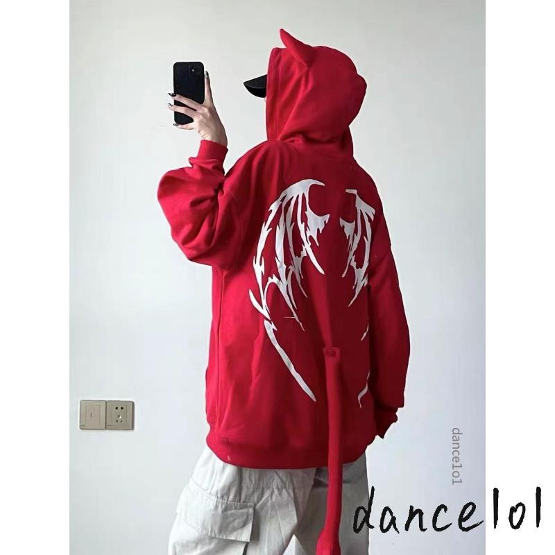 Dance1o1-nữ dài tay có mũ trùm đầu cánh in zip-up hoodie thời trang dạo phố có túi