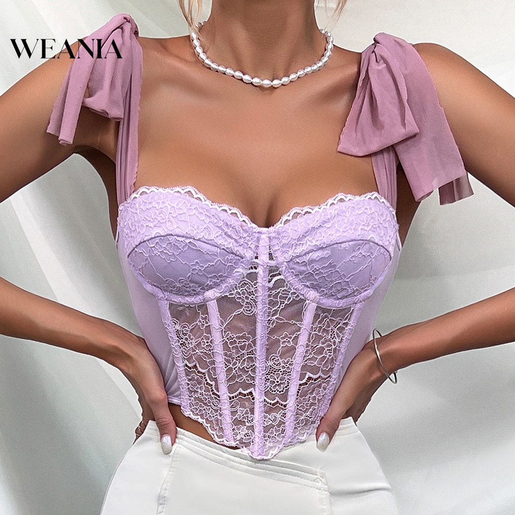 Áo thắt dây WEANIA cắt thấp vai viền xương cá thời trang gợi cảm dành cho nữ