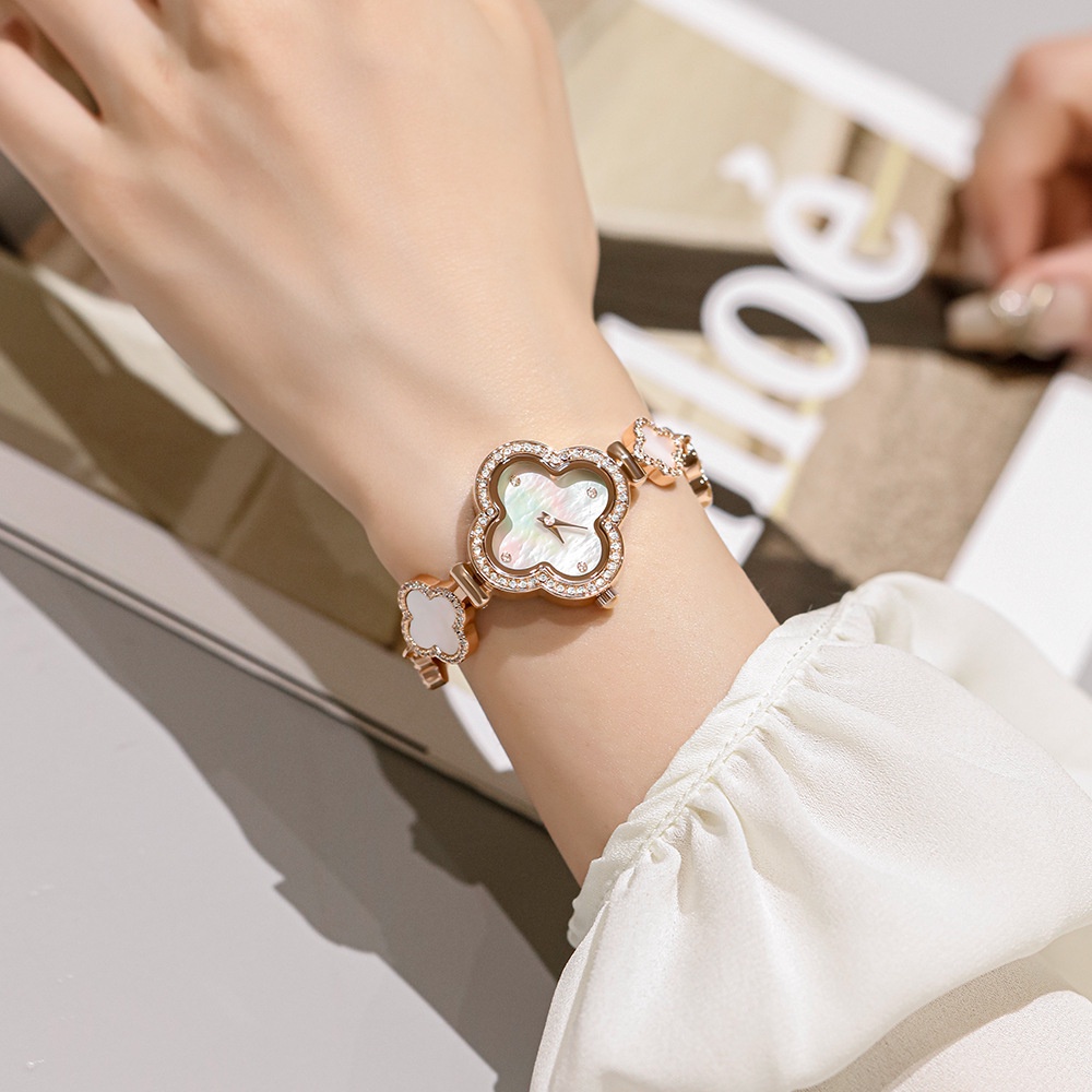 Đồng Hồ Đeo Tay Mặt Cỏ Bốn Lá Đính Đá Phong Cách Âu Mỹ Thời Trang Cho Nữ