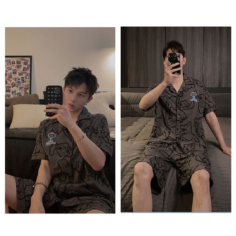 Bộ pijama đồ đôi Bộ đồ ngủ phi bóng dành cho cặp đôi Stitch cartoon couple pyjamas pure cotton short-sleeved high-end loungewear three-piece set