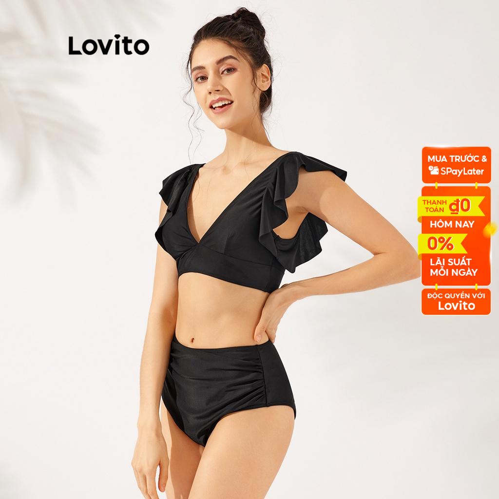 Set bikini Lovito cơ bản viền nhún bèo cổ chữ V với miếng đệm có thể tháo rời L23AD056 (màu đen)
