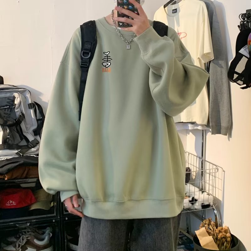 Áo sweater Nam Tay Dài Dáng Rộng Cổ Tròn In Hình Xương Cá Phong Cách Hàn Quốc Thời Trang Mùa Thu