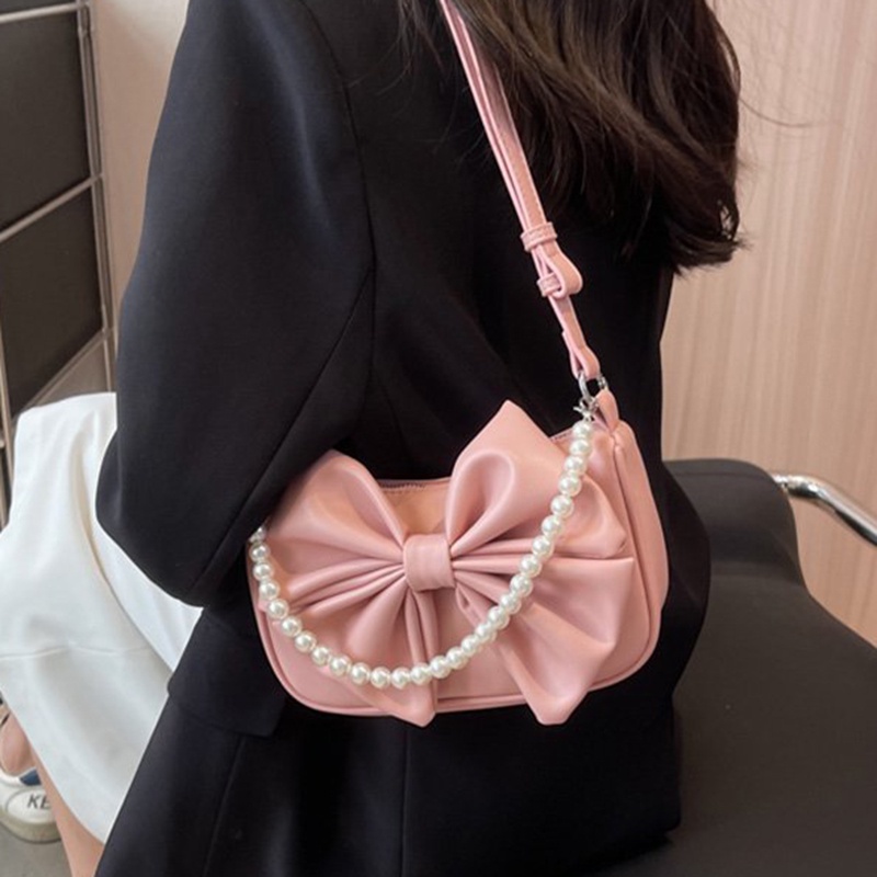 Túi đeo vai IELGY trang trí nơ và chuỗi hạt ngọc trai nhân tạo nhỏ gọn thời trang dành cho nữ