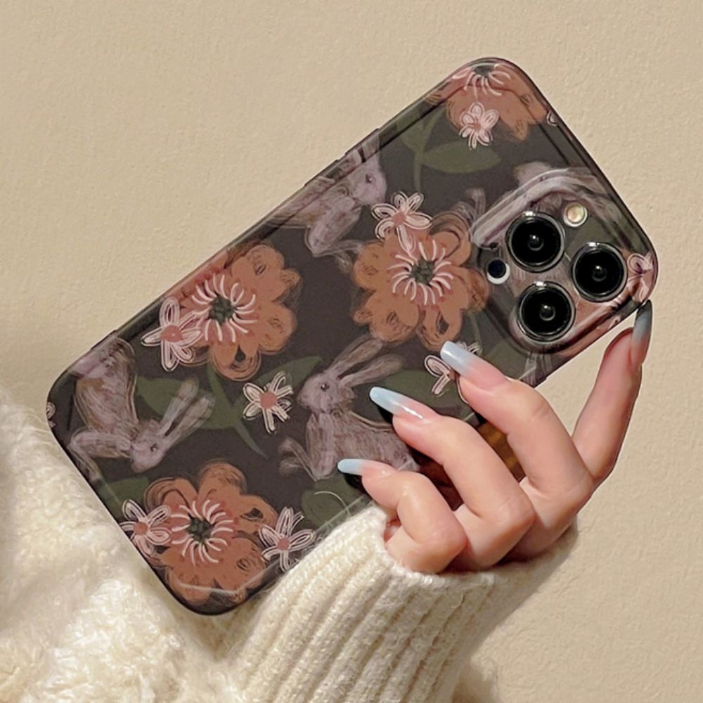 Ốp Điện Thoại IMD Mềm Bảo Vệ Ống Kính Họa Tiết Thỏ Và Hoa Sơn Dầu Cổ Điển Dành Cho IPhone 11 12 13 14 Pro Max