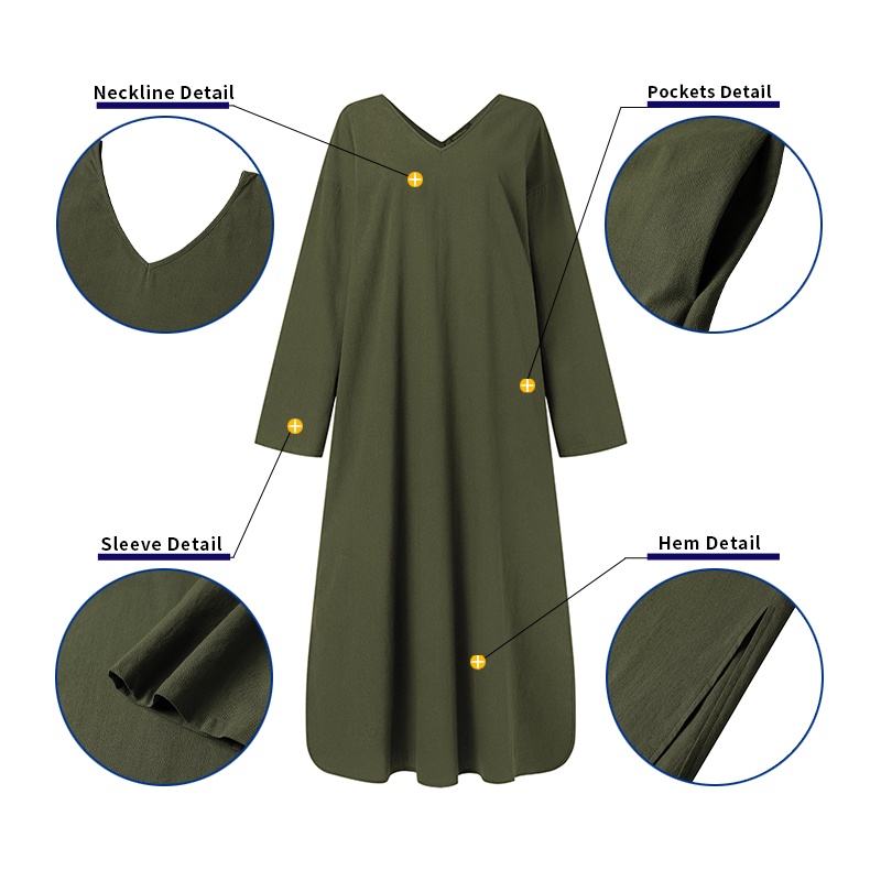 Zanzea Đầm Nữ Dài Tay Cổ Chữ V Xẻ Tà Quyến Rũ