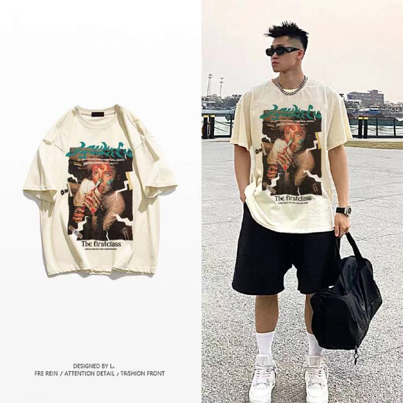 100% Cotton Heavy T-shirt Baby Boy and Girl Summer American Retro National Fashion Brand Ins Loose Slimming Large Size Short Sleeve T-shirt js4Z