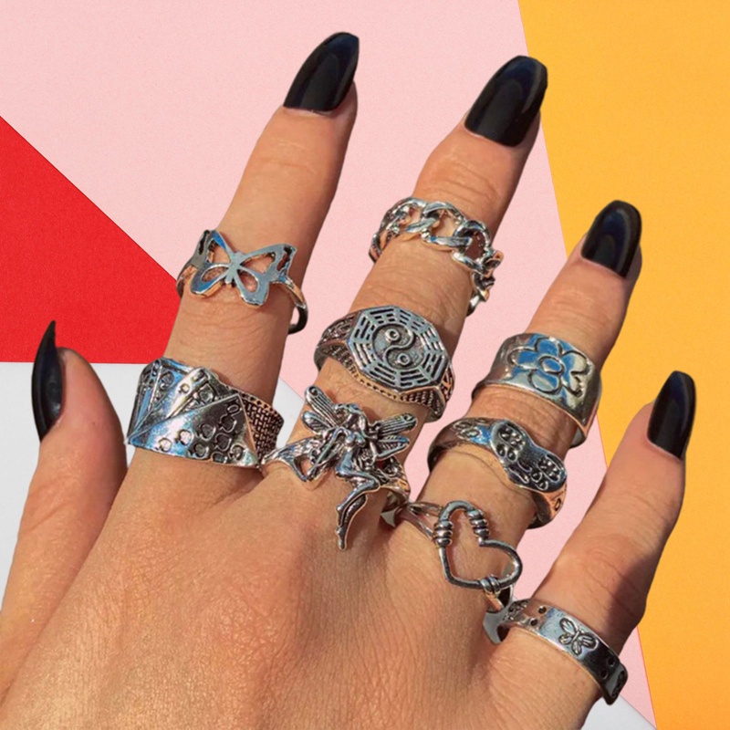 Set 9 Nhẫn Bạc Cổ Điển Nhiều Màu Sắc Phong Cách Bohemian