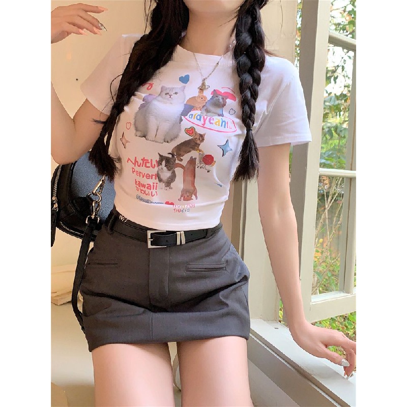 Áo thun áo phông Áo Thun Tay Ngắn In Hình Mèo Dễ Thương Thời Trang Mùa Hè Cho Nữ